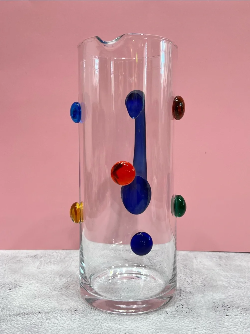 Vintage Murano Style Art Glass Pitcher Rainbow Dot Bubbles Post Modern Memphis